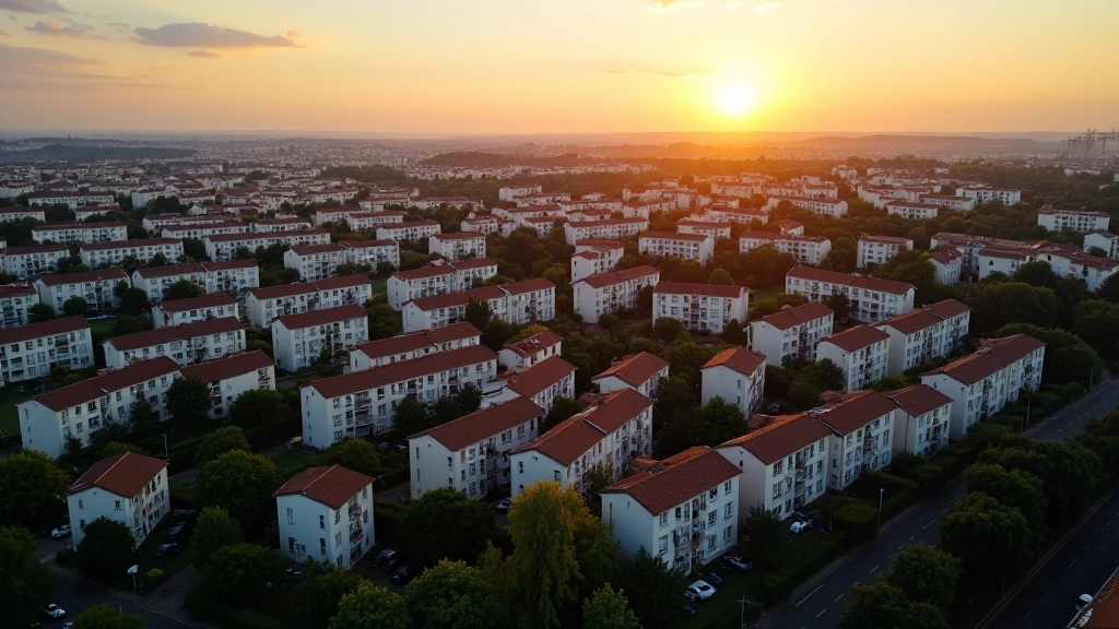 Vue aérienne d'un quartier résidentiel dense avec plusieurs immeubles collectifs et peu d'espaces verts disponibles