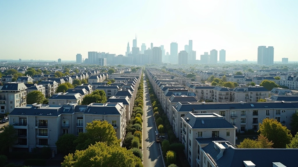 Vue aérienne d'une ville française moderne avec immeubles résidentiels et zones de construction
