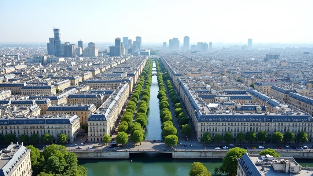 Vue aérienne de Paris montrant les immeubles haussmanniens avec perspective sur la Défense et la Seine