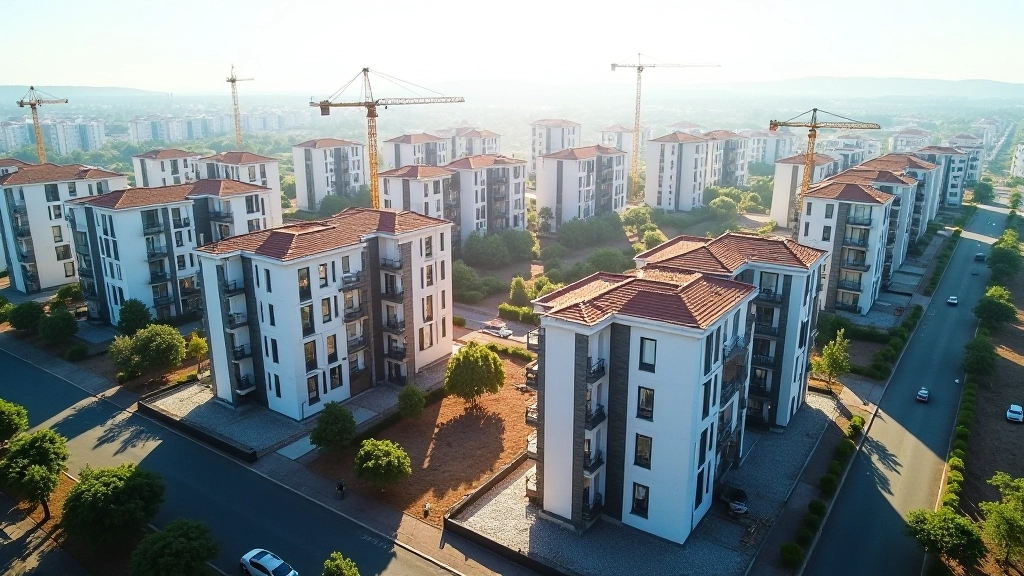 Vue aérienne d'un quartier résidentiel en construction avec plusieurs bâtiments modernes et routes