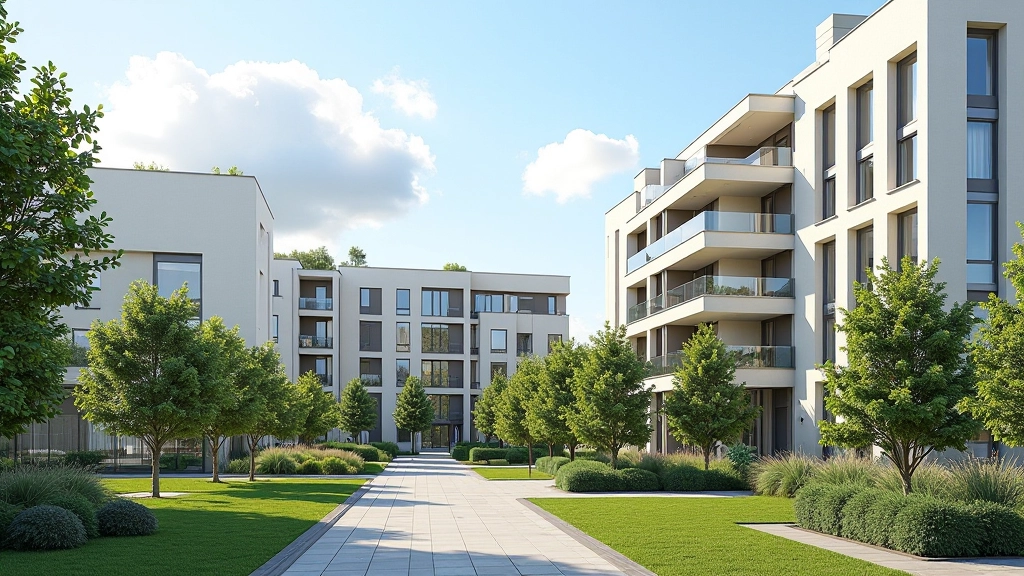 Architectural rendering d'un projet de logements neufs modernes avec jardins et espaces communs en zone urbaine