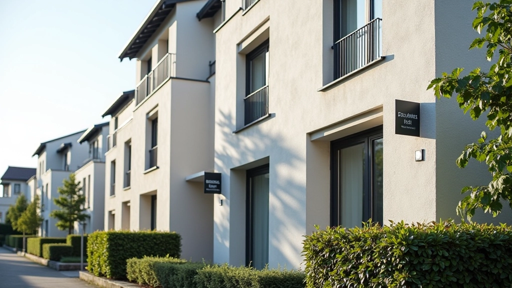 Immeuble résidentiel avec panneaux d'appartements à louer, façade urbaine moderne avec fenêtres, lighting du jour