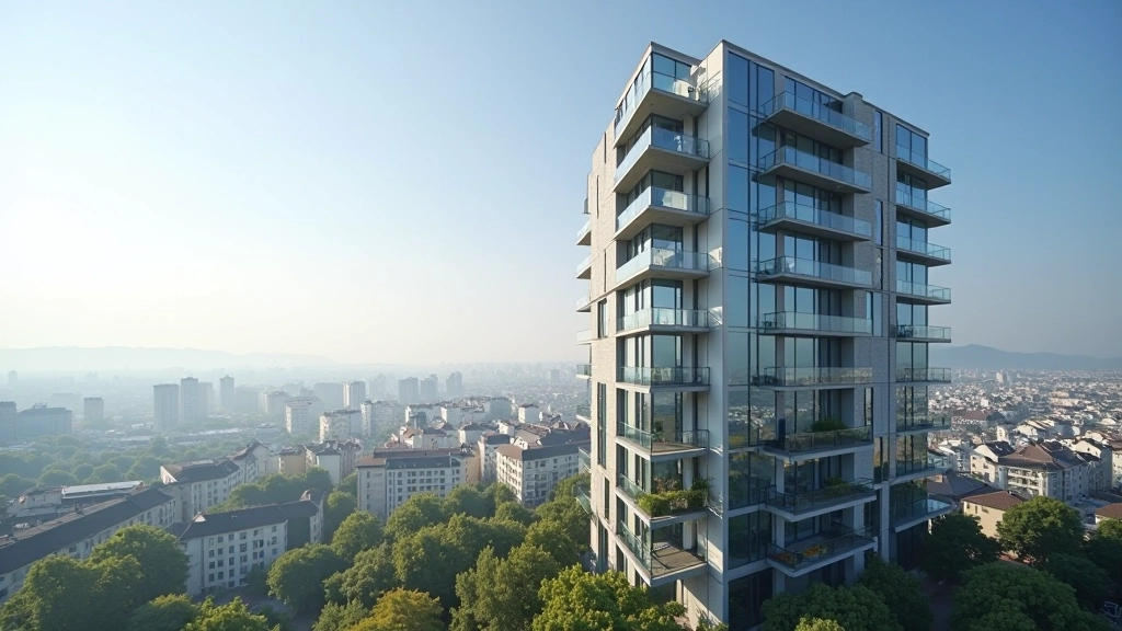 Immeuble résidentiel moderne avec façade en verre et balcons, situé dans une zone urbaine dense