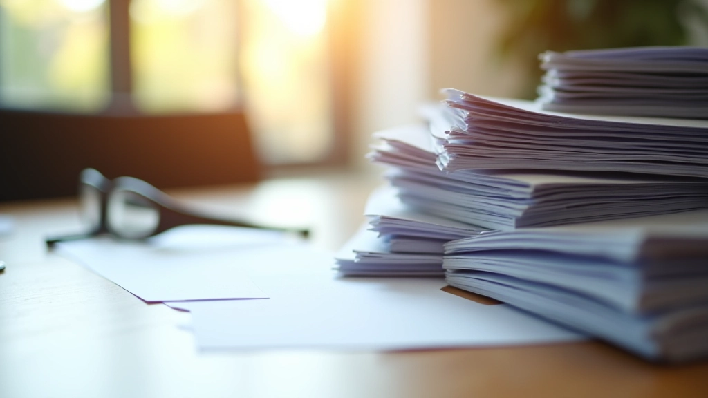 Documents et dossiers empilés sur un bureau avec stylo, représentant les régulations immobilières