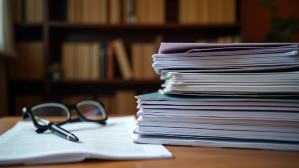 Documents légaux empilés avec stylo sur un bureau en bois, représentant les aspects réglementaires de l'immobilier