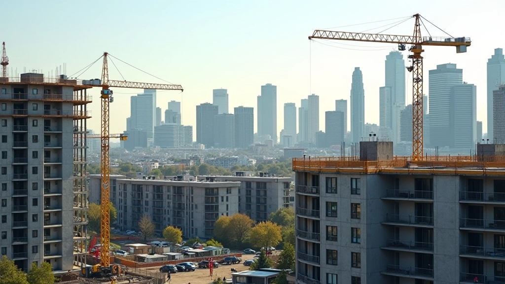 Photographie d'un chantier de construction urbain avec plusieurs immeubles de logements en cours de construction
